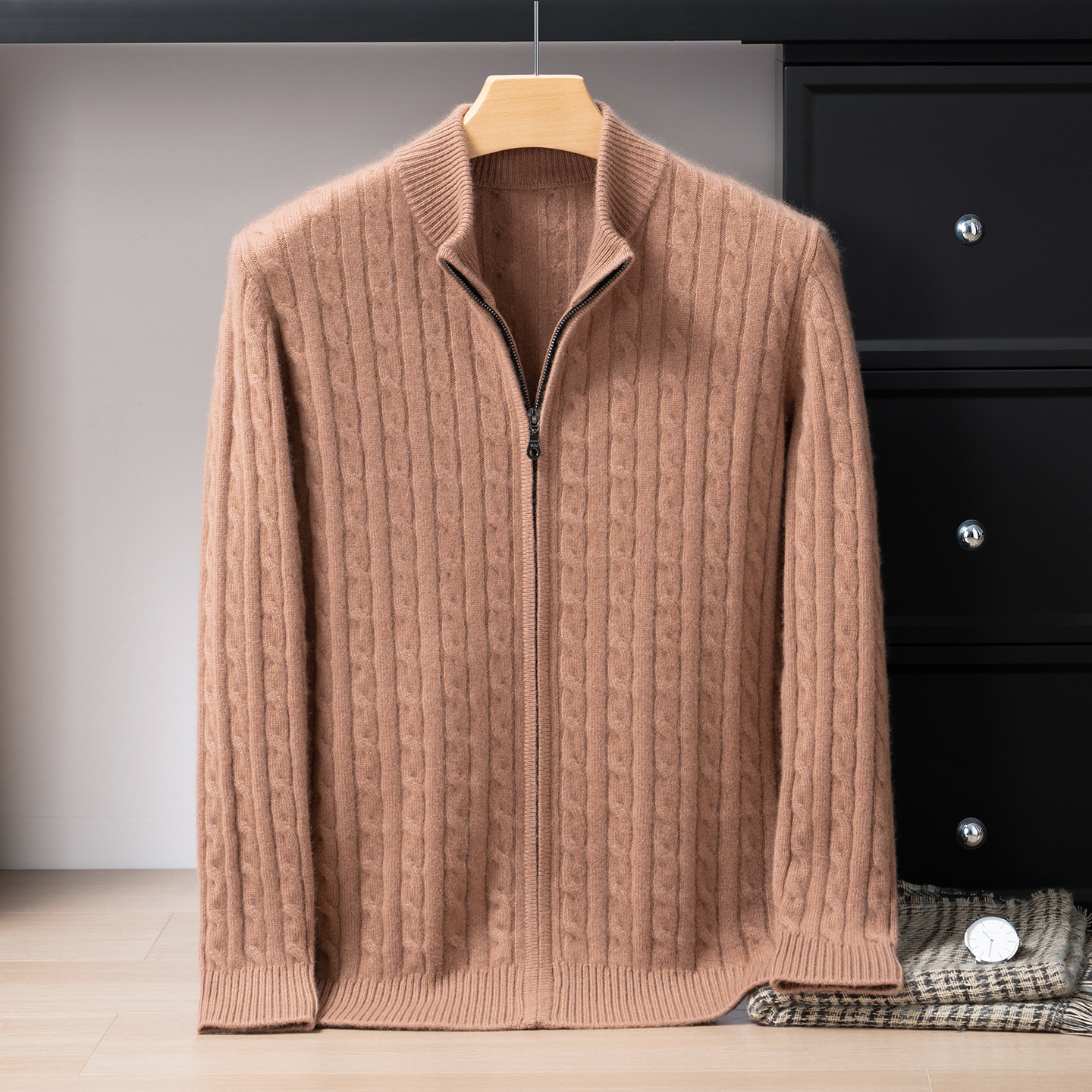 100%山羊绒开衫秋冬男款半高领加厚针织毛衣宽松商务羊绒外套756