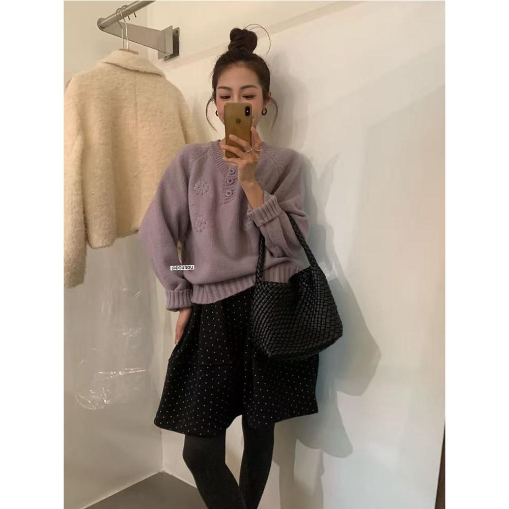 【豆豆】韩系重工刺绣花朵套头毛衣女秋冬季加厚针织衫半开领上衣
