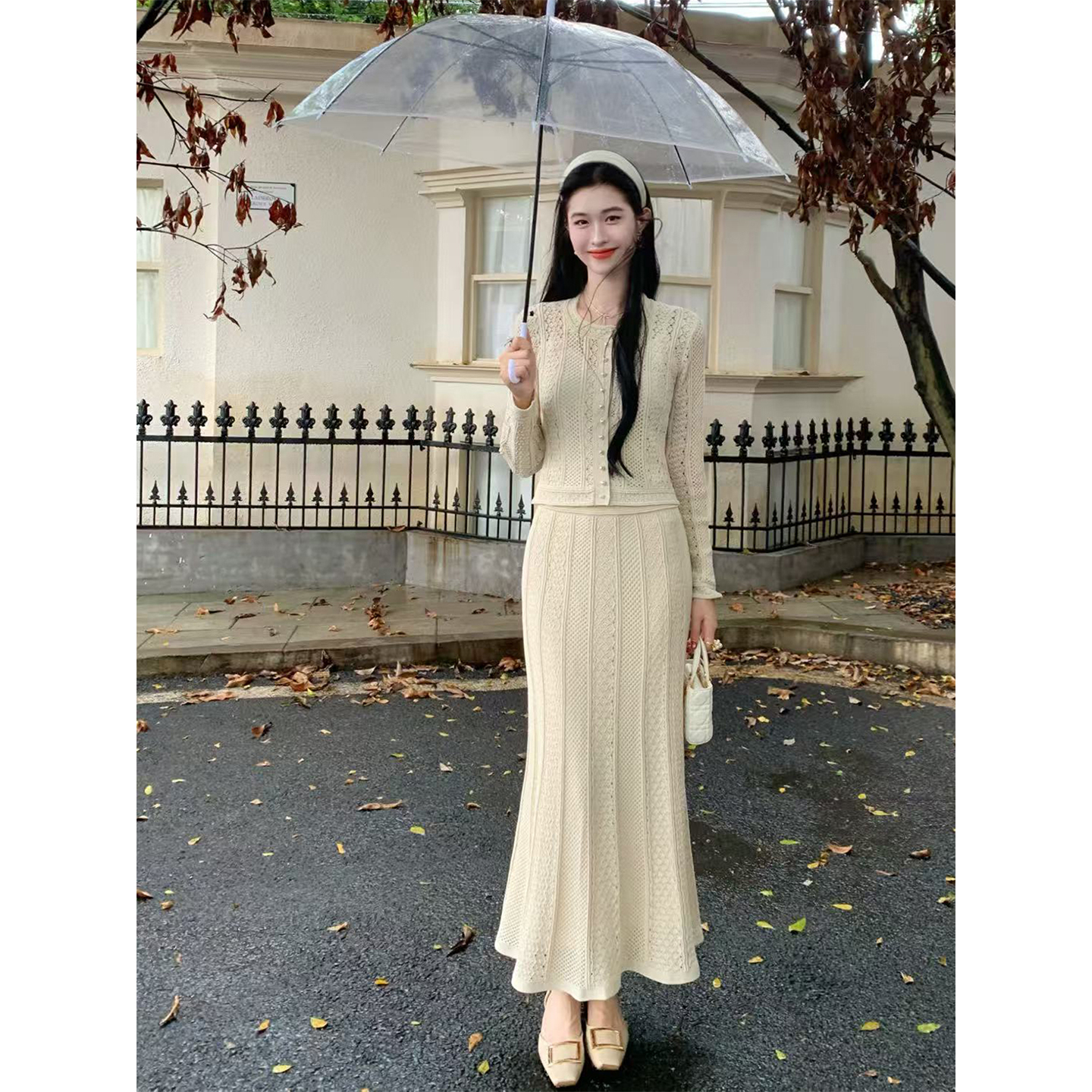 凌茜恣禾【枫白佳人】法式短款修身针织上衣高腰鱼尾半身裙针织套装