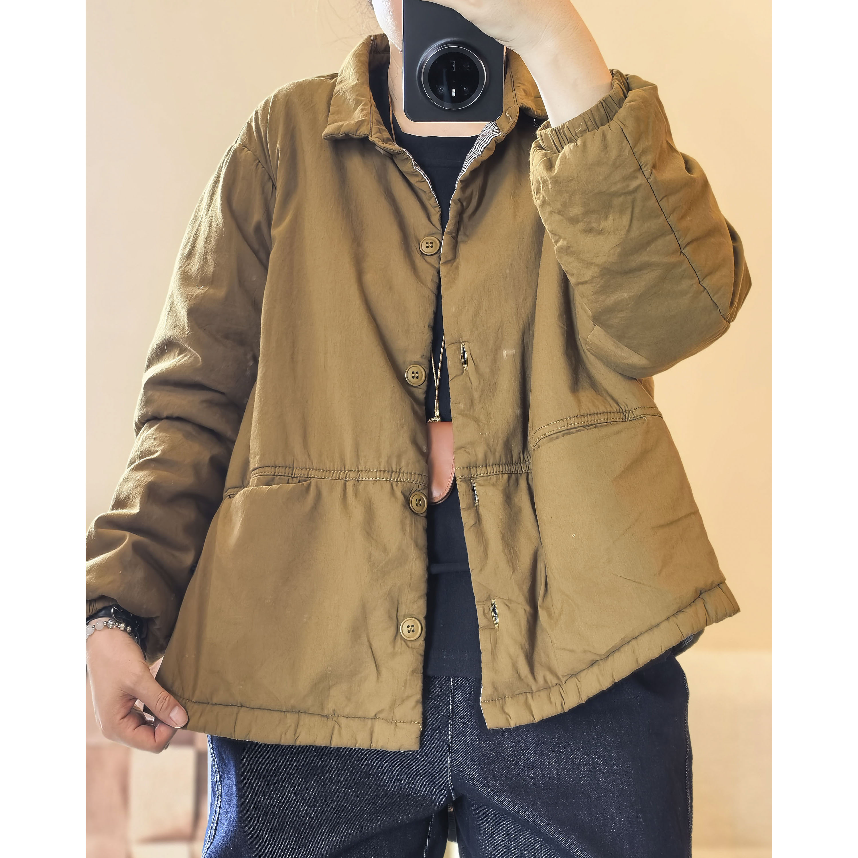 （浅笑）23161时尚纯色双口袋翻领保暖棉衣女夹棉薄棉服宽松外套潮