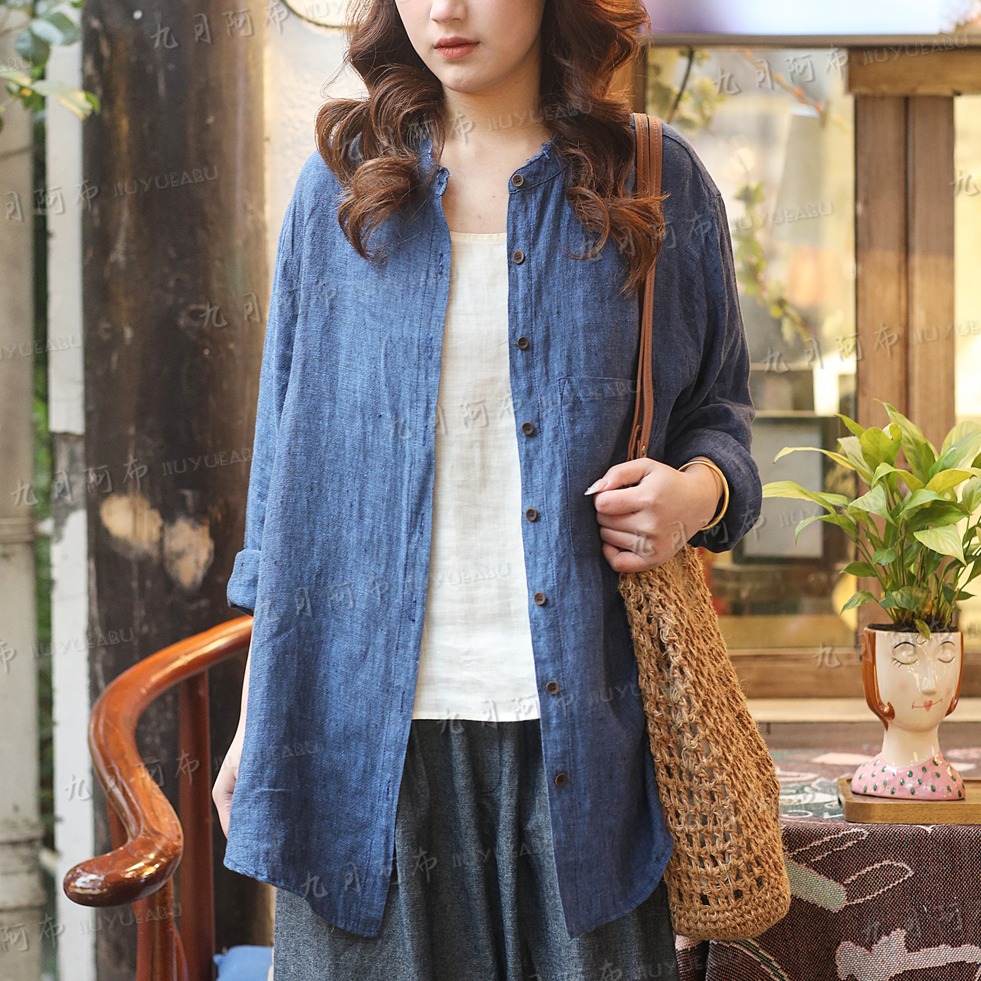 九月阿布色织汉麻衬衫春季新款文艺大码女装毛边立领长袖上衣1003