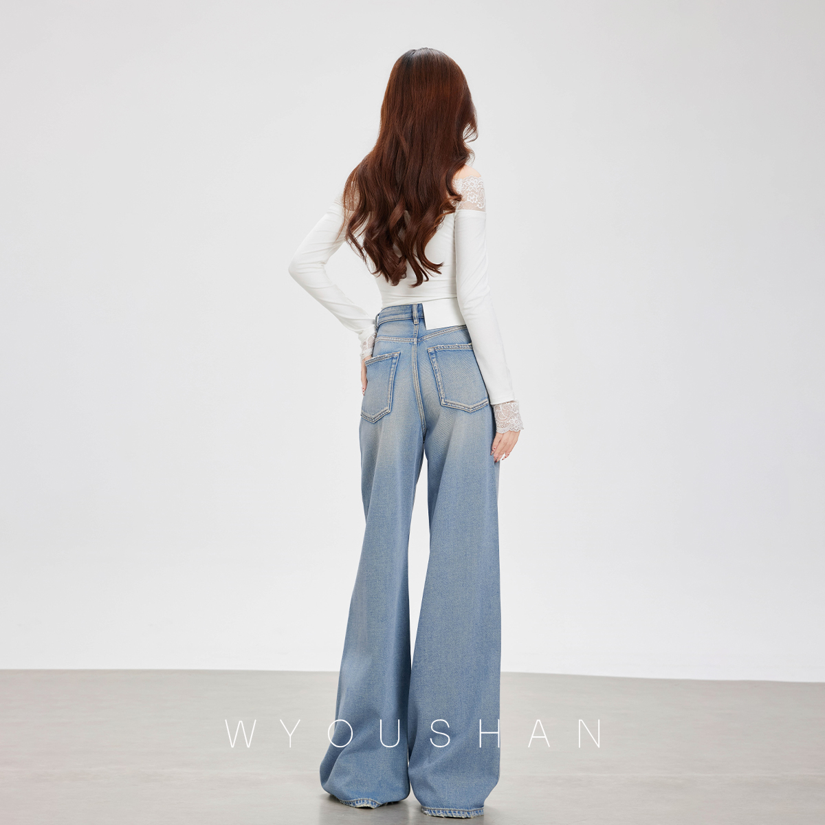 【王幼珊】阔腿牛仔裤女高腰直筒长裤宽松秋冬拖地裤子 蓝缥5803