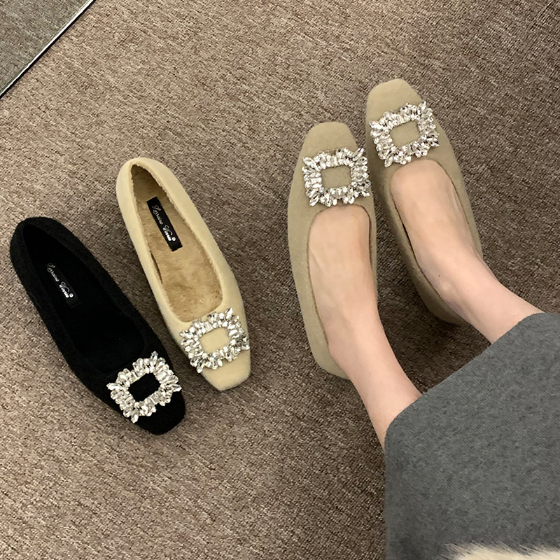 秋冬新款法式水钻加绒单鞋坡跟通勤气质高级感一脚蹬女鞋