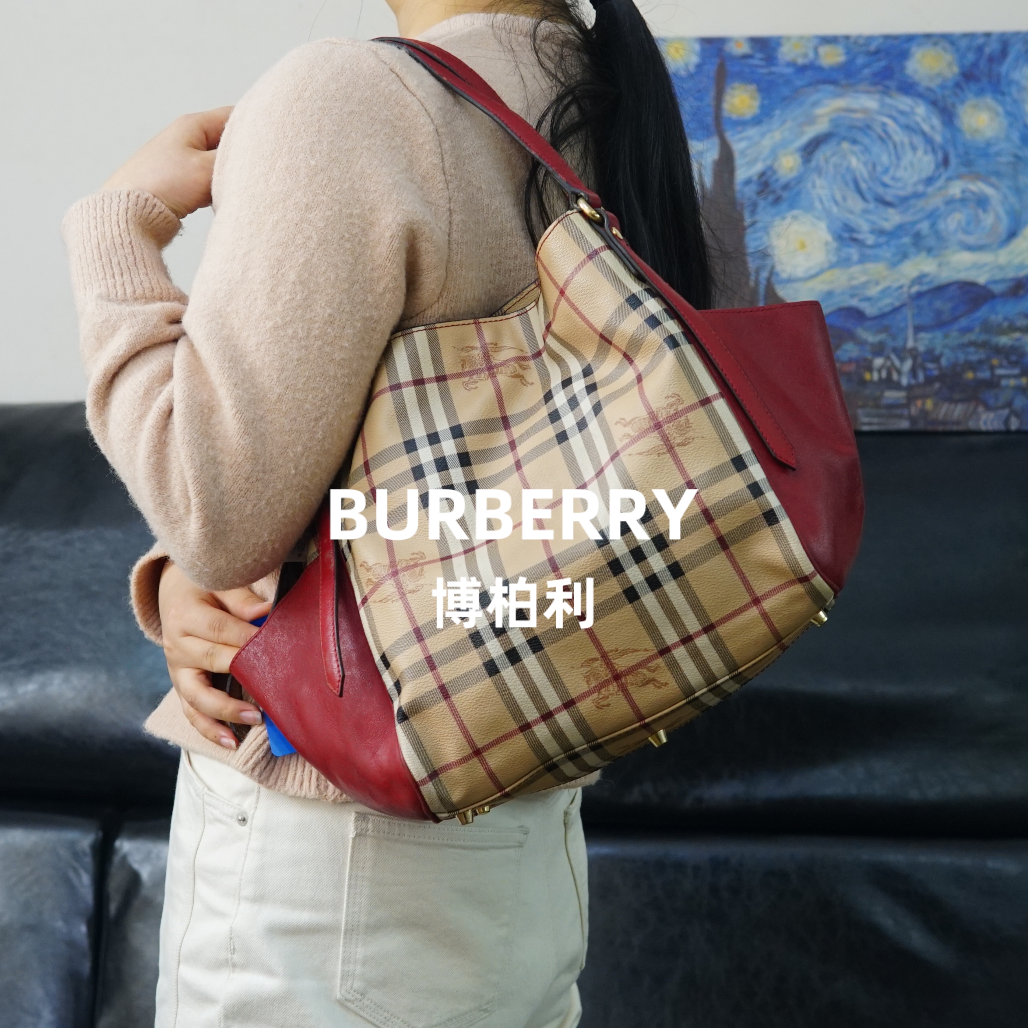 95新 BURBERRY/博柏利 巴宝莉/格纹拼皮单肩包/XS02622024/2024