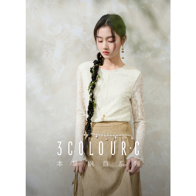 三彩【白芷清风】2025春季新款新中式蕾丝衫小衫套头圆领长袖C