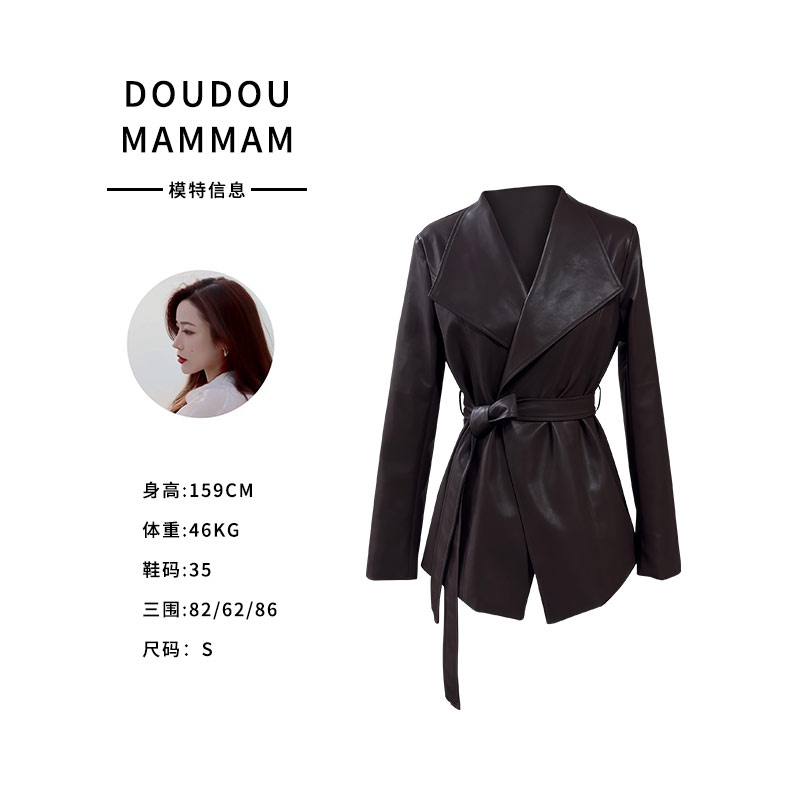 设计师设计感秋季长袖短款系带翻领皮衣