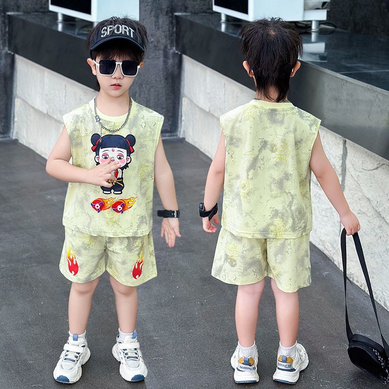2025新款哪吒衣服男童夏装背心儿童套装夏季无袖宝宝两件套卡通潮