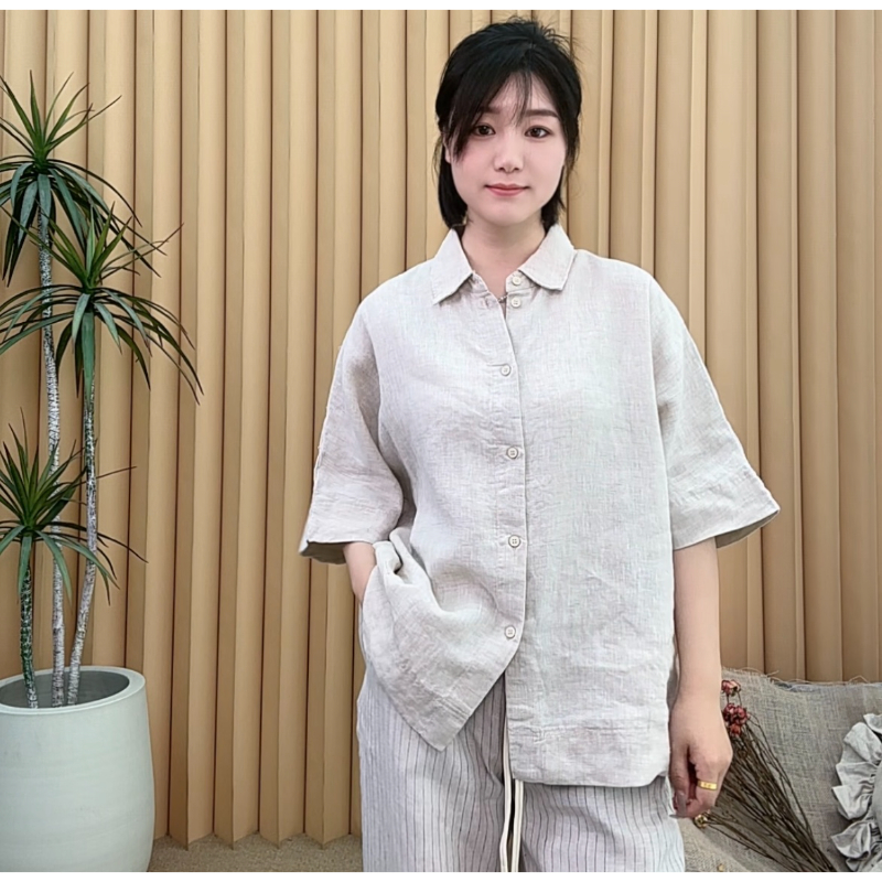夏季女款休闲版型翻领纽扣式100%雨露亚麻衬衫 013