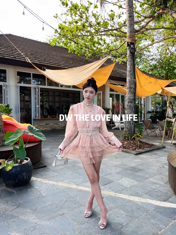 25SS//DW高定重工钉珠刺绣藕粉桑蚕丝长袖层叠连衣裙