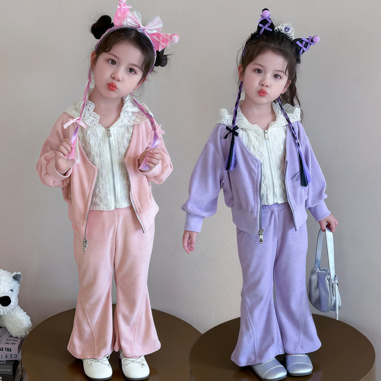 女童套装2025新款秋季儿童洋气时髦秋装女宝宝蕾丝帽衫运动两件套