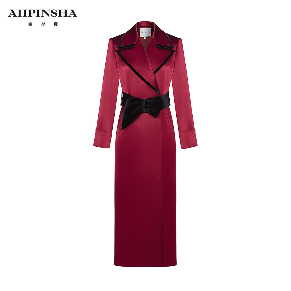 沁婕精选【红潮之约】气质轻奢时尚百搭女士酒红风衣E5FW055E00