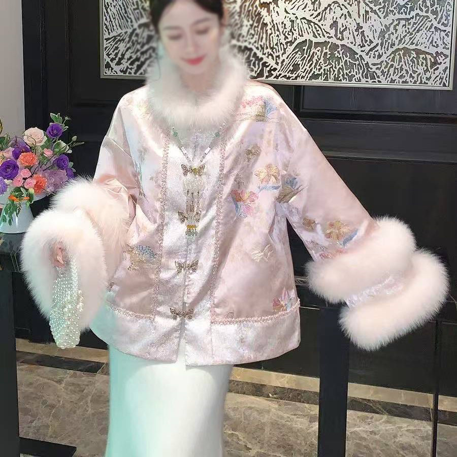 非遗苏绣新中式国风羽绒服冬重工刺绣毛绒领拼接中长款外套738