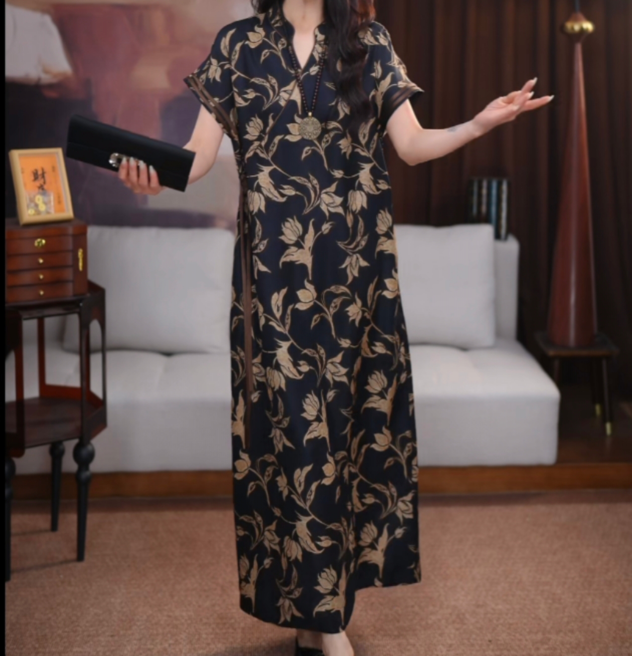 【漫芊】香云纱长款百搭时尚宽松夏季清凉气质新中式国风连衣裙