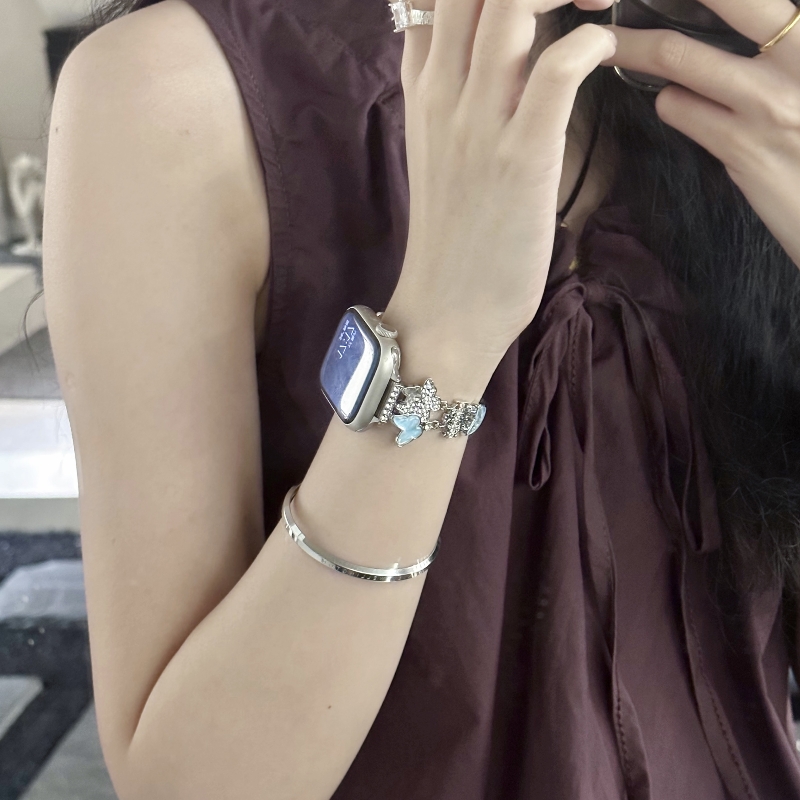 适用苹果手表applewatchS10表带金属蝴蝶SE女生7高级S8新款S9镶钻