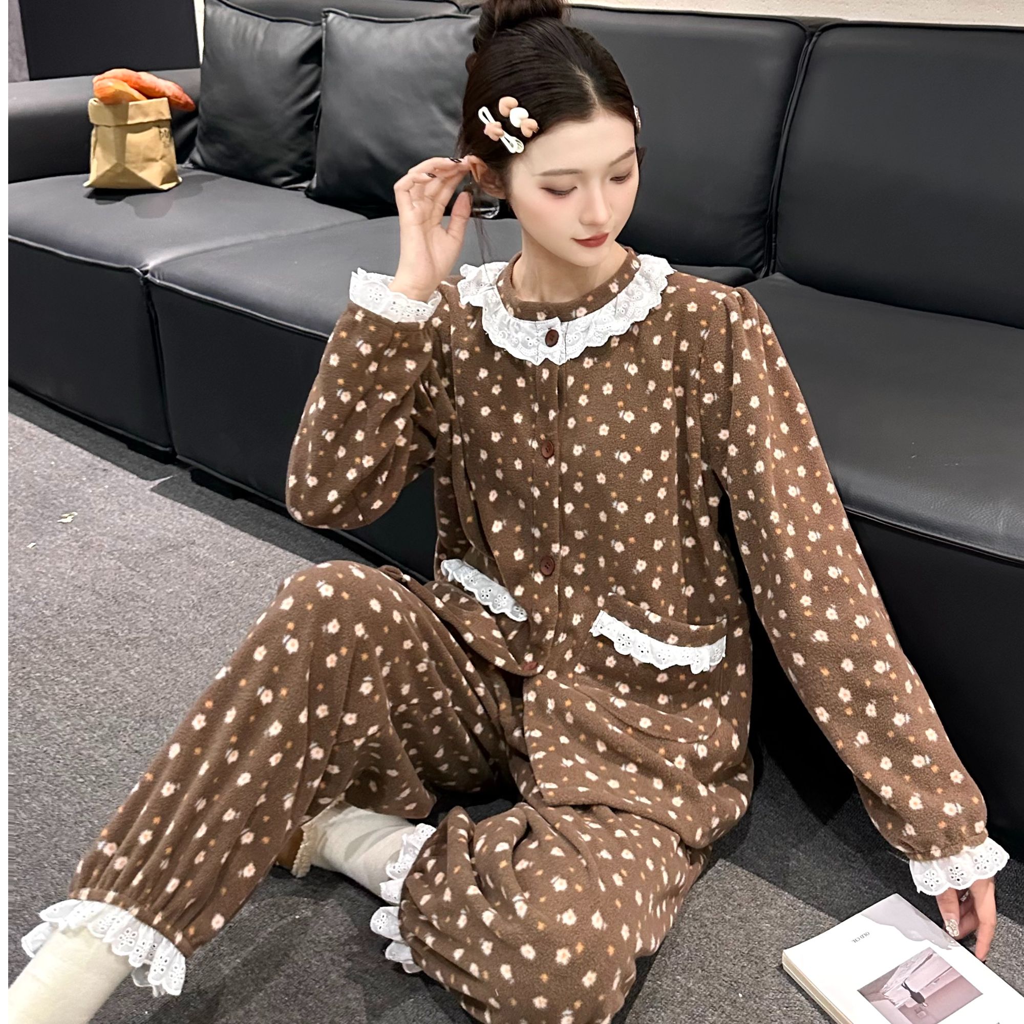 秋冬季加绒睡衣印花薄绒加厚颗粒绒女士长袖长裤家居服套装#723-3