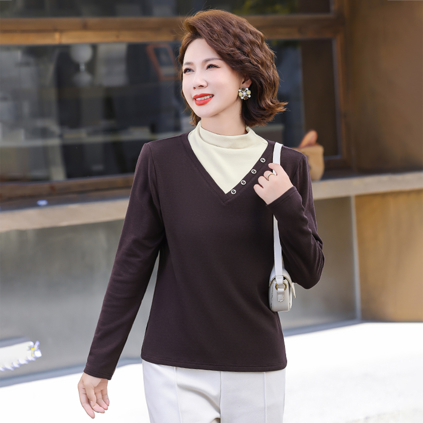 半高领打底衫女加绒加厚秋冬2026新款假两件长袖t恤内搭洋气上衣