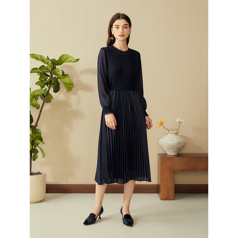 YINER音儿2025春季新款法式优雅亮丝钉钻假两件连衣裙8C65106936