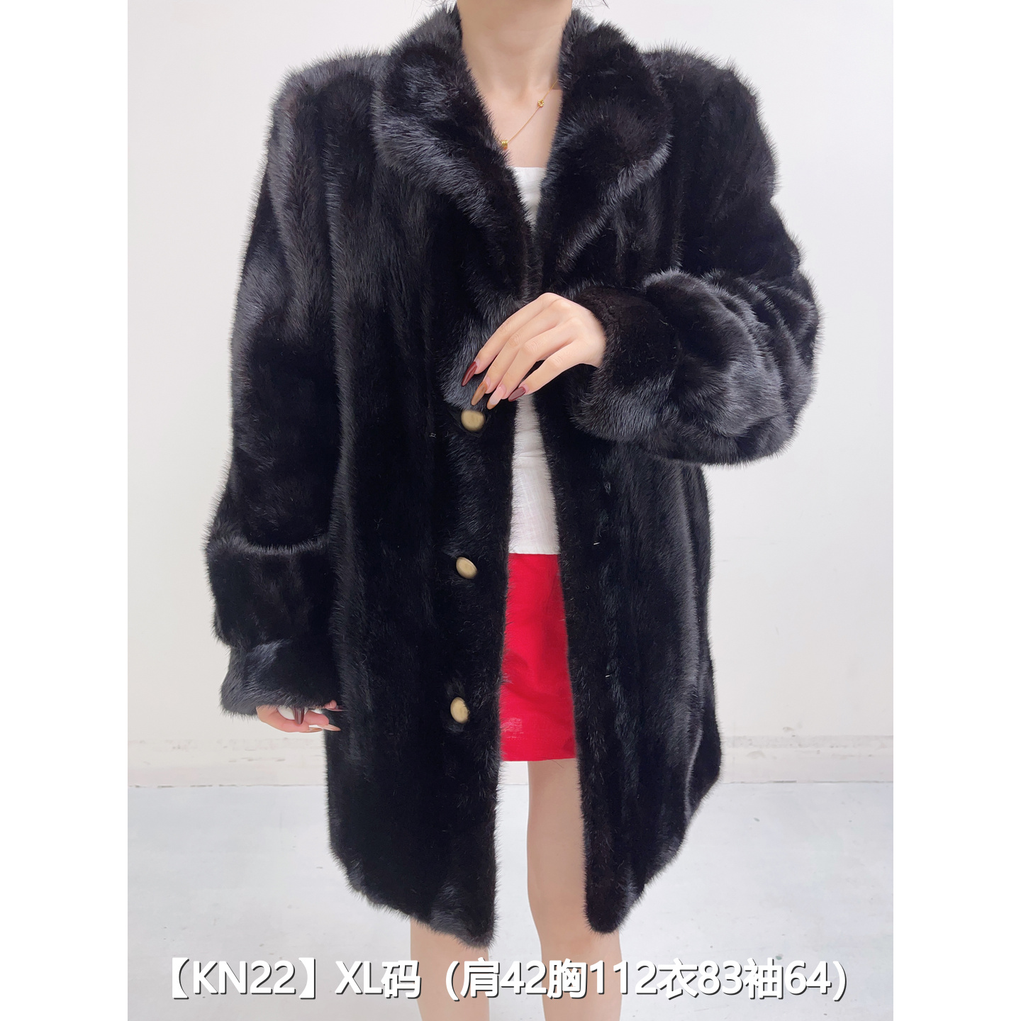 【KN22】XL 本黑色中长款逆毛貂皮水貂外套女 翻领泡泡袖 37022