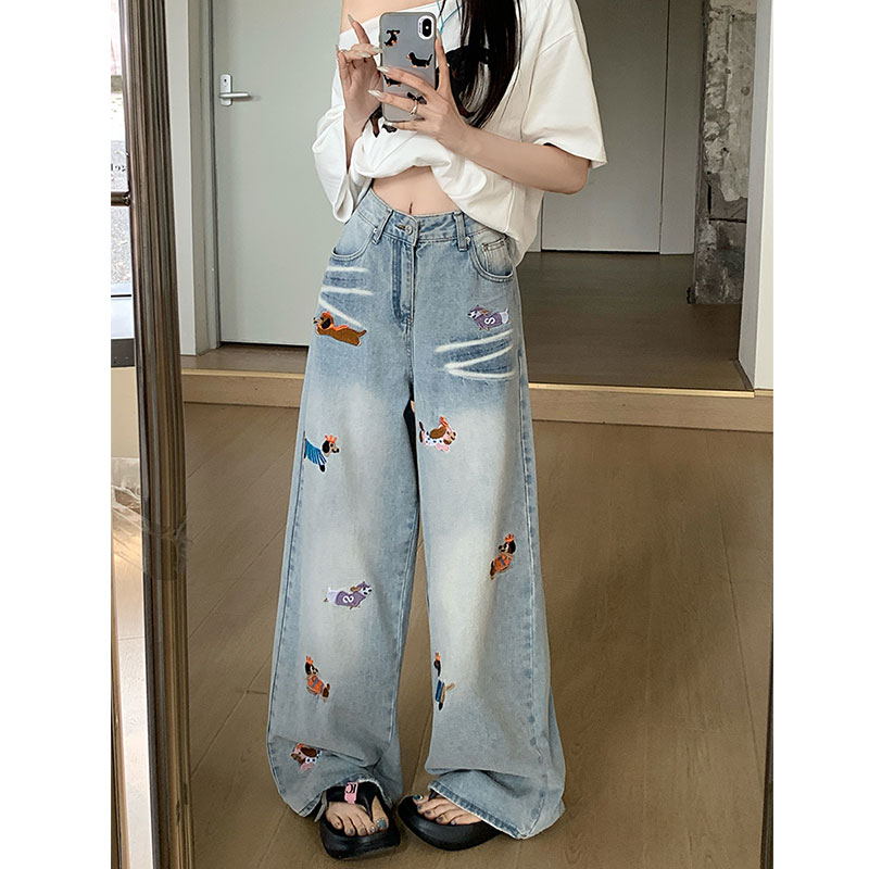 【现现专场】夏新款腊肠狗刺绣阔腿裤大码胖mm高腰巨显瘦牛仔裤