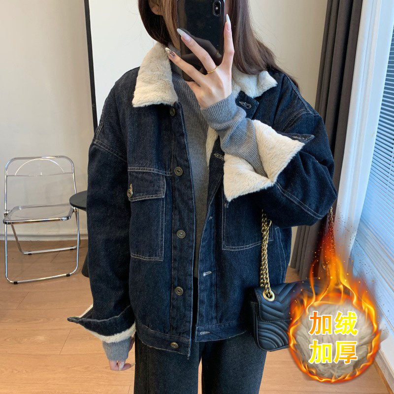 美拉德穿搭冬季【不掉色】加绒厚牛仔外套女复古宽松显瘦派克服外套