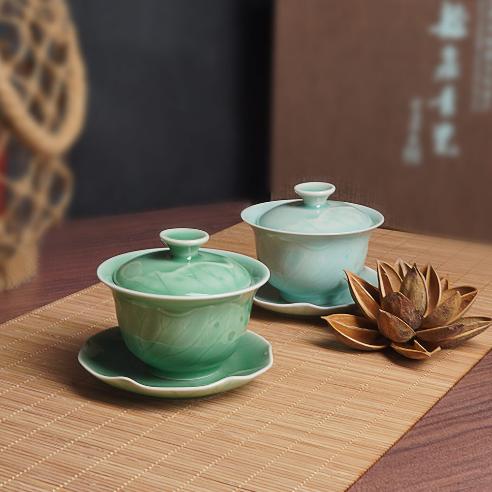 小米茶器 青瓷情归荷处浮雕三才盖碗梅子青粉青高货釉水150ml