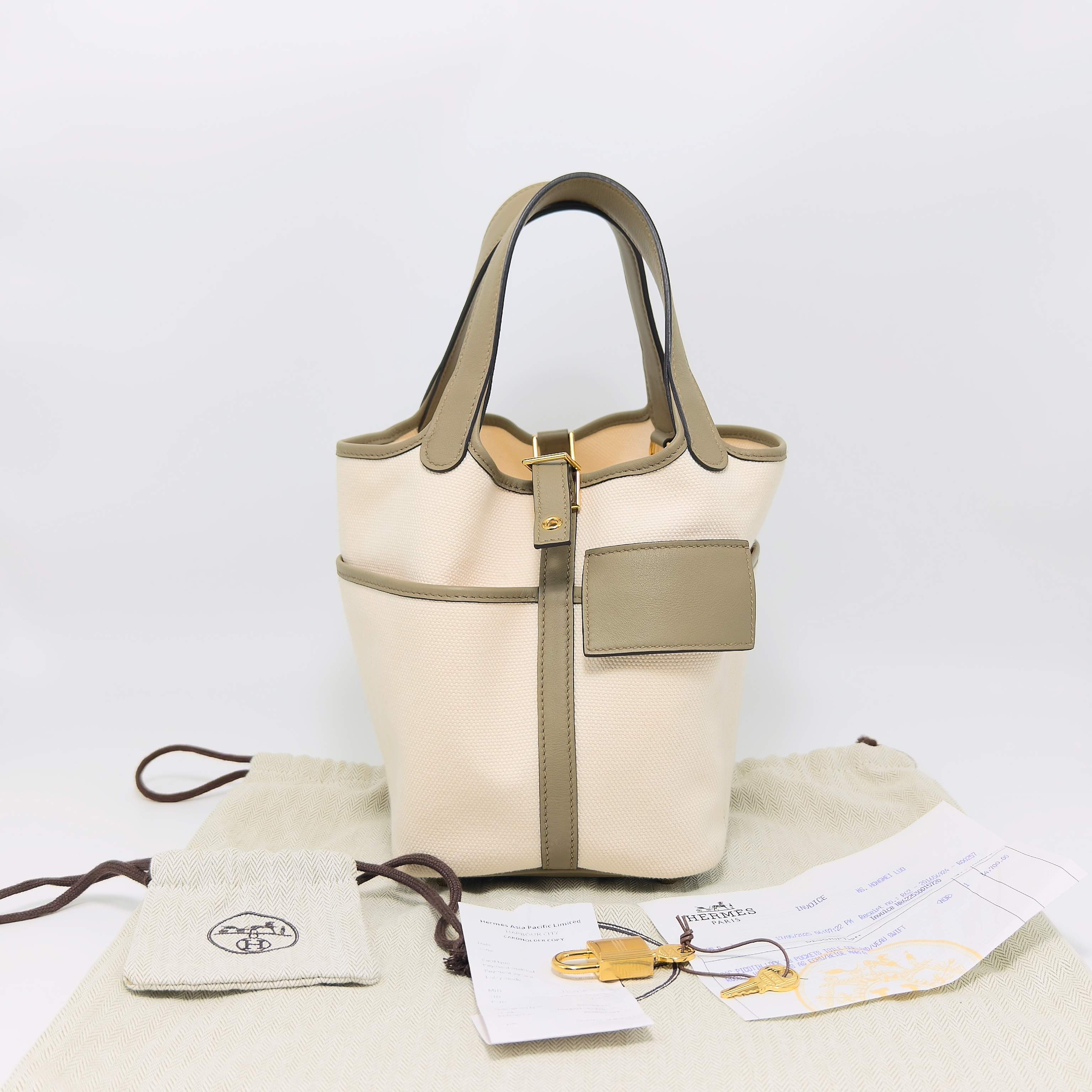 99新 Hermes/爱马仕 马尔法米色拼奶油白帆布18cargo菜篮子 83400