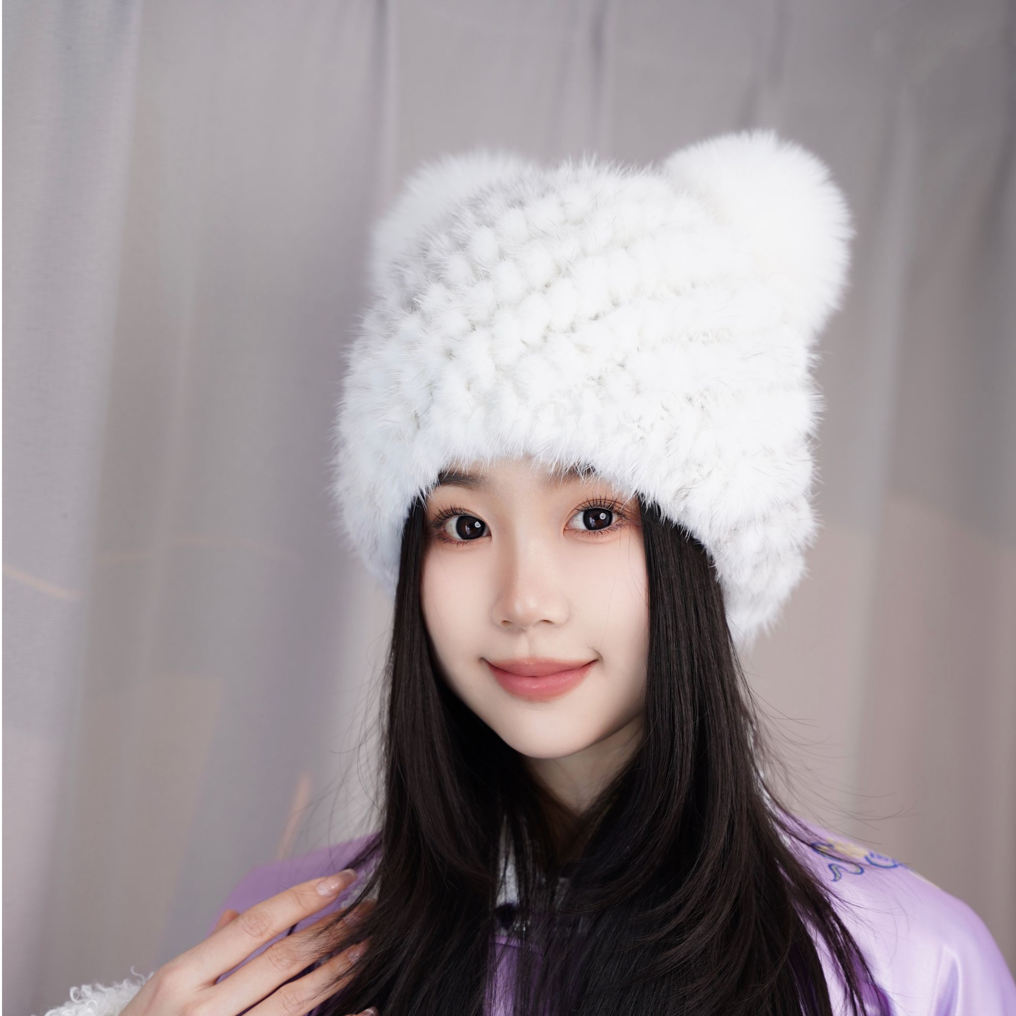 冬天水貂毛保暖可爱显脸小质感时尚狐狸毛小熊耳朵帽