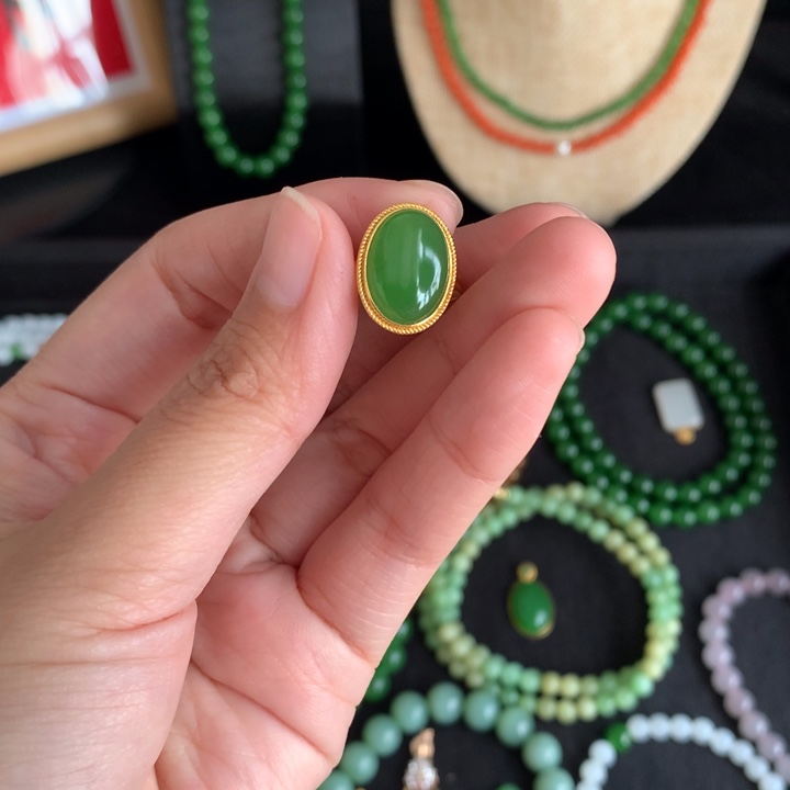 和田玉（碧玉）戒指18K金镶嵌冬*