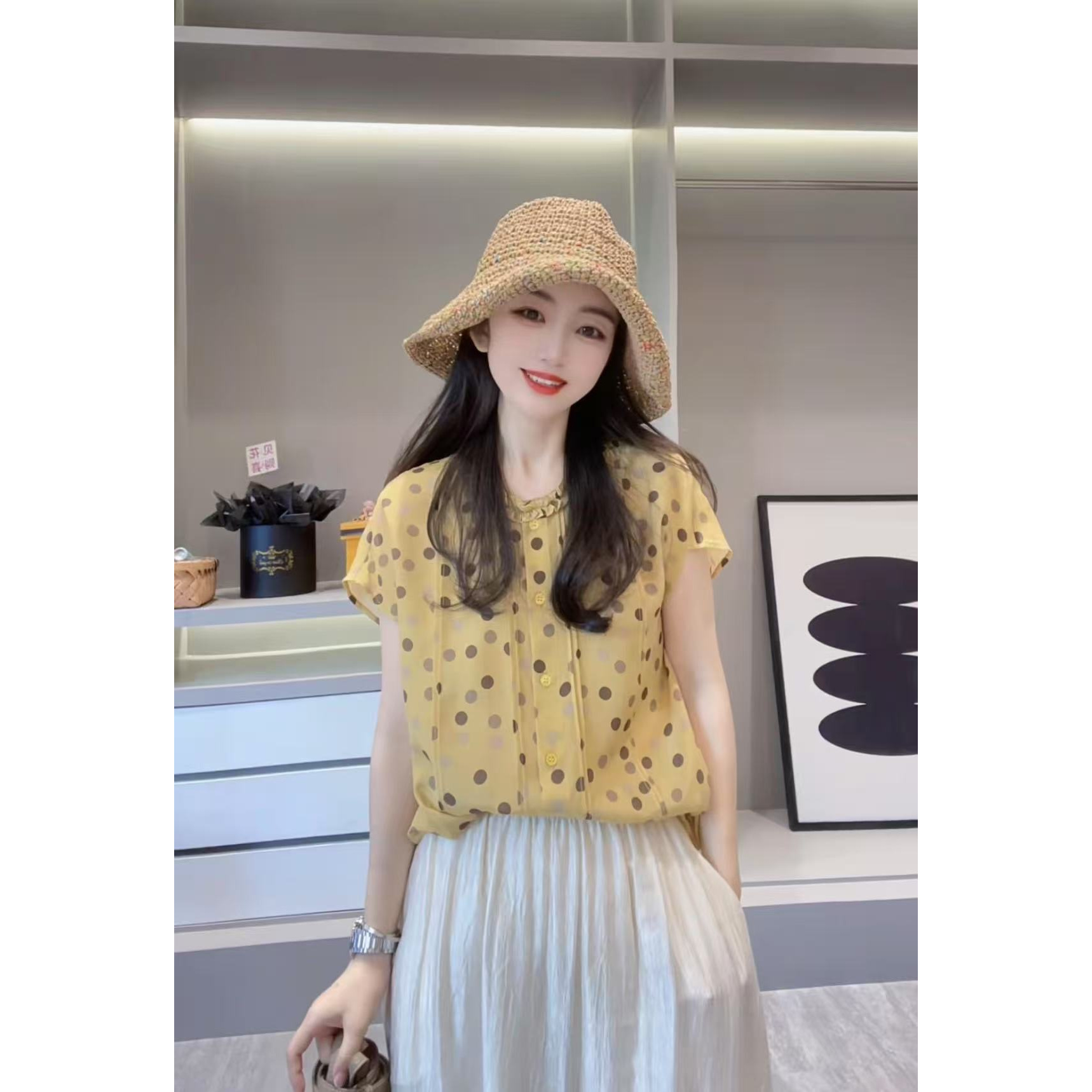 【波点打条】CHUN家时尚百搭夏季宽松桑蚕丝双绉上衣