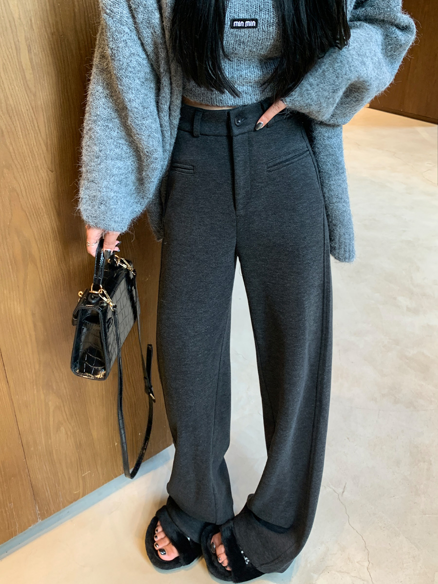 灰色裤子女秋冬加绒加厚2025新款直筒糯米裤子窄版阔腿裤厚西装裤