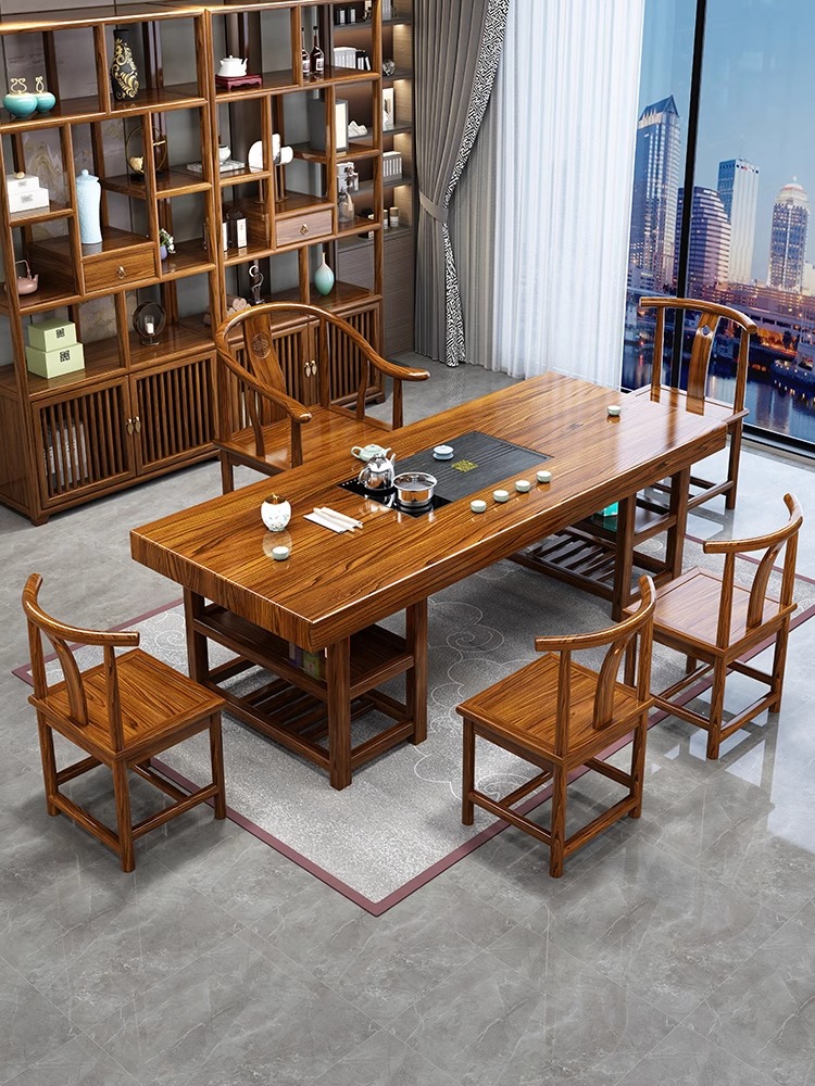 全实木大板茶台阳台茶桌椅组合一桌五椅新中式茶台茶桌实木大板桌