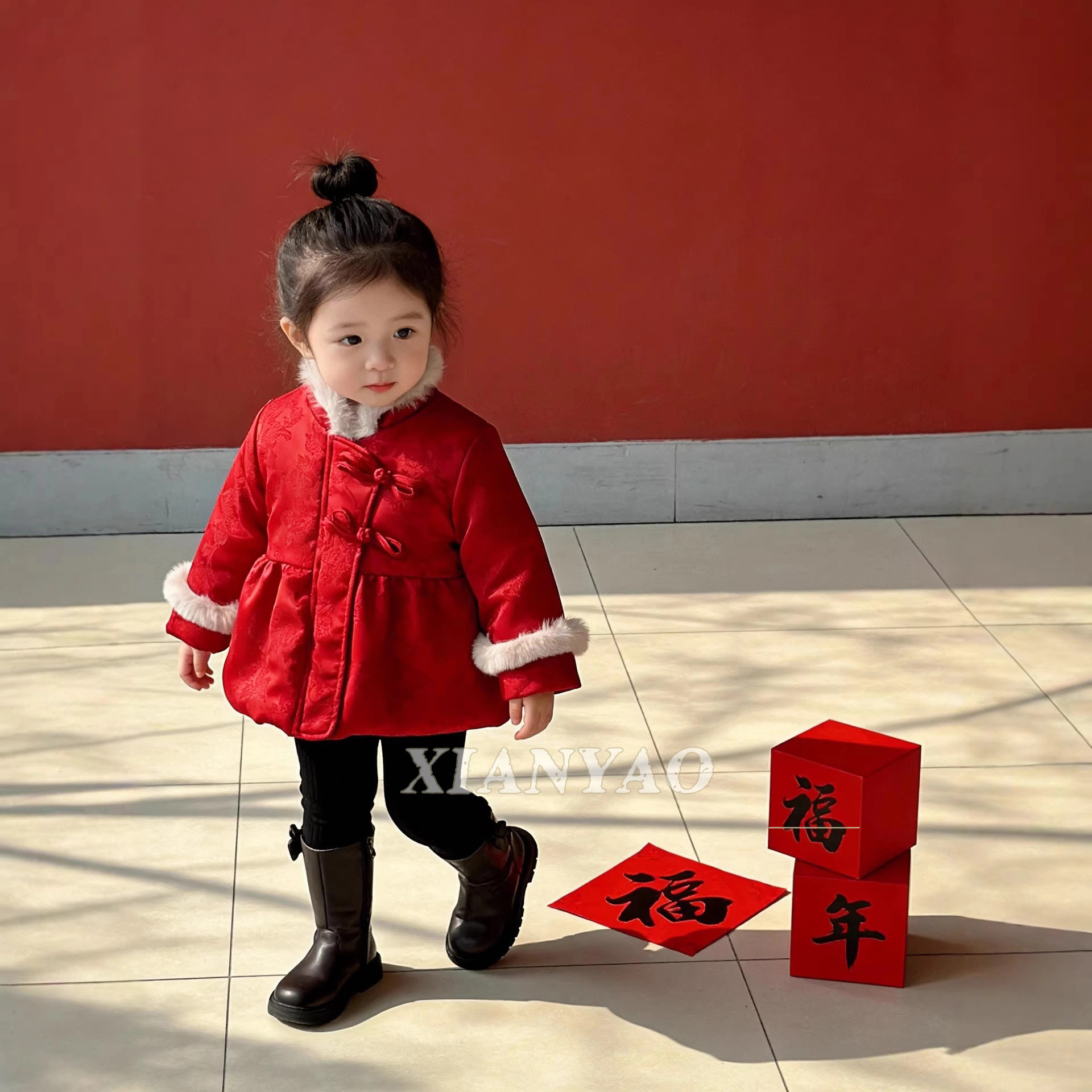 女童中国风洋气拜年服加绒加厚款棉袄棉服中长款加厚立领WL-X-D01