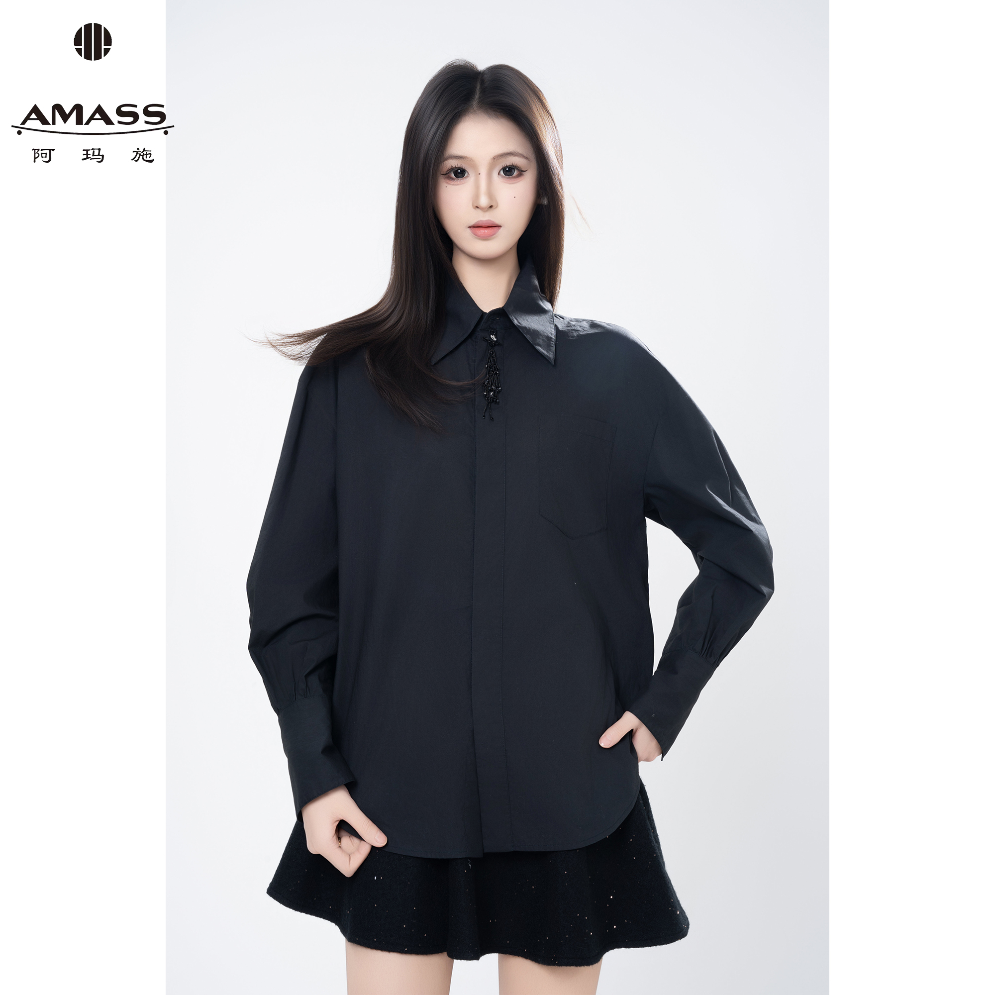 AMASS/阿玛施早春新款设计感时尚百搭纯色灯笼袖衬衫上衣女530052