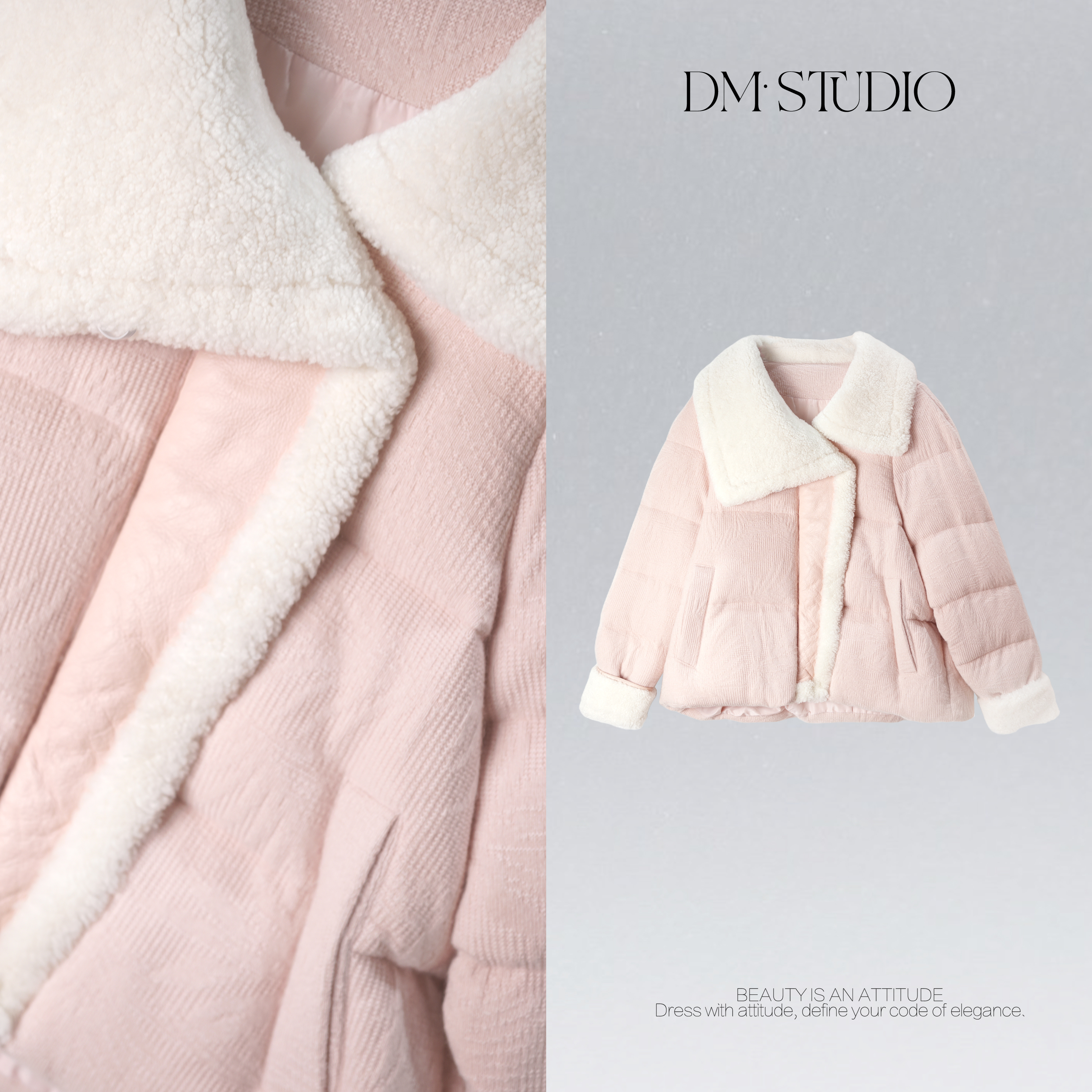DEDM•STUDIO/冬季静奢翻领提花90鹅绒皮毛一体外套2506PMYT/2590