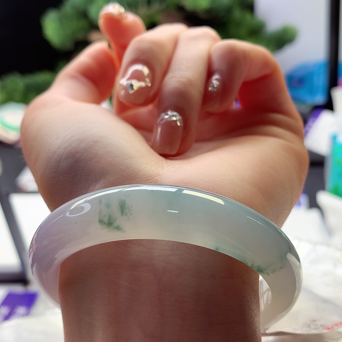 翡翠手镯未镶嵌天然翡翠54-55春彩飘花小孤品特色镯