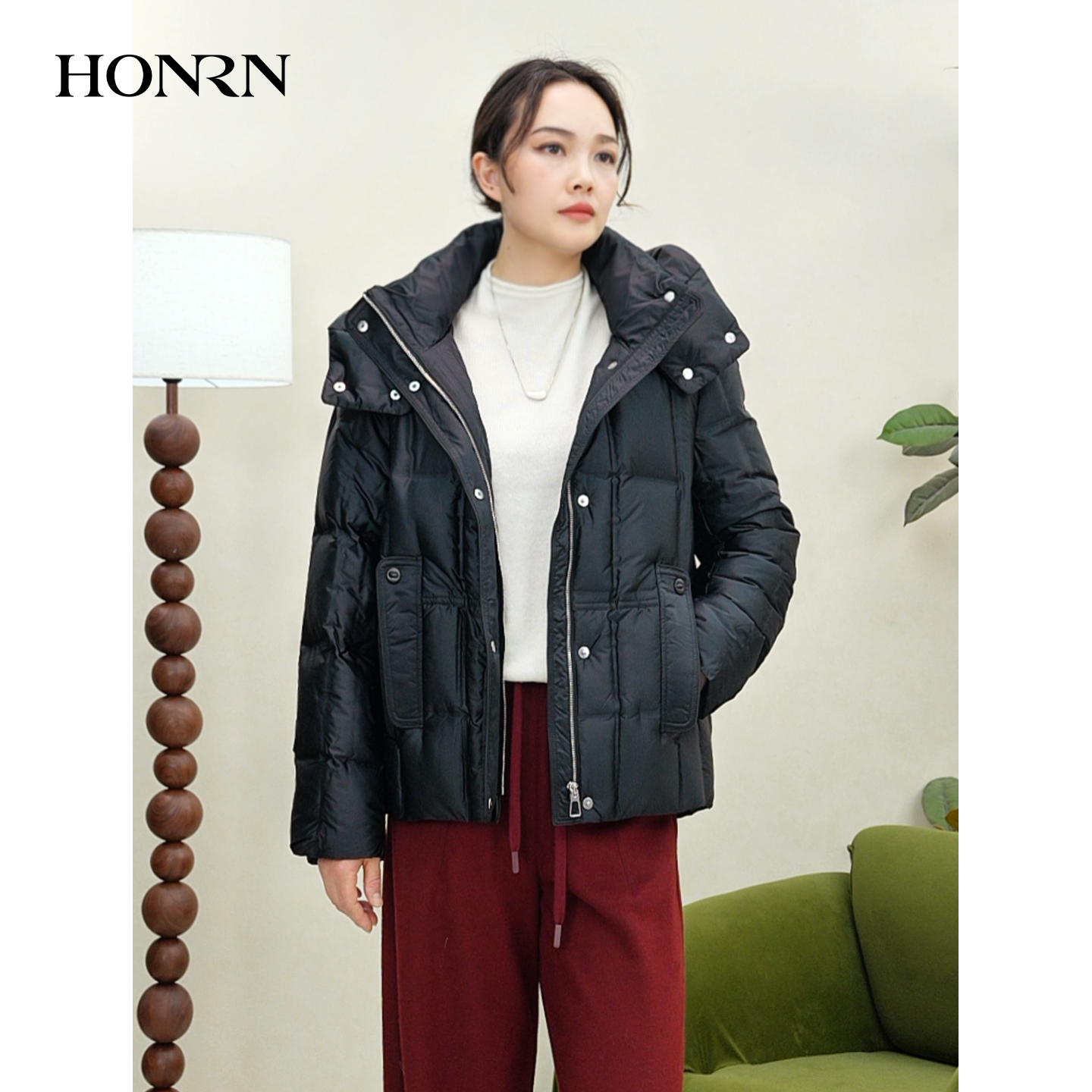 HONRN/红人保暖连帽鹅绒羽绒服女冬HK59YR127