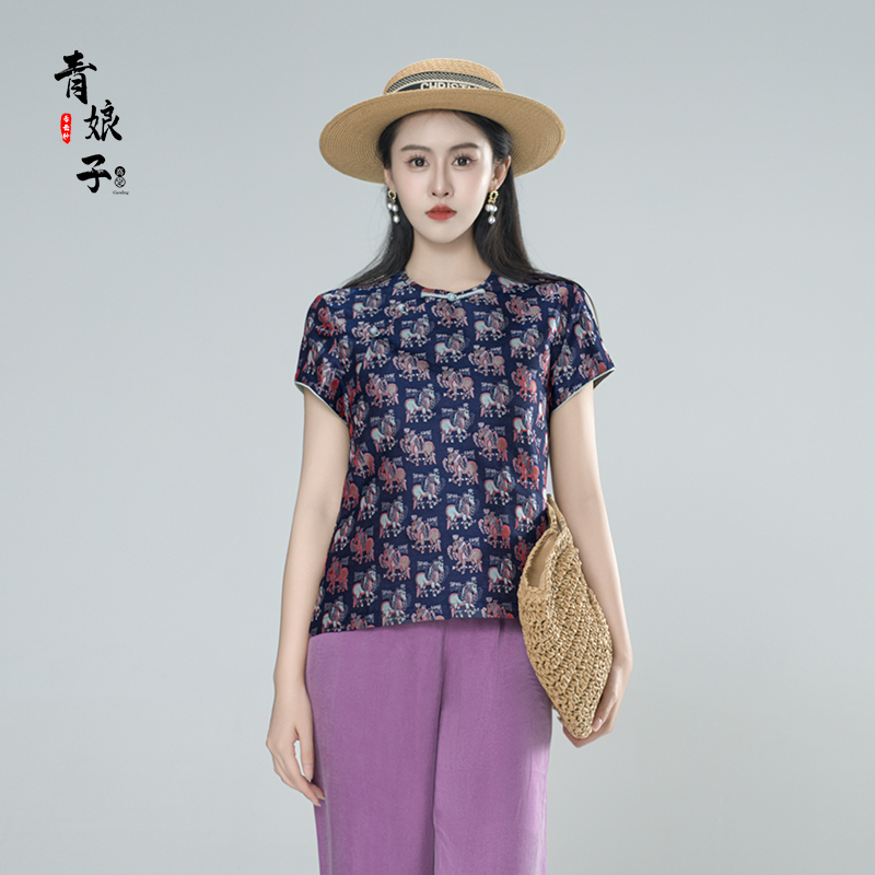 青娘子-蜀锦(美逸)斜襟新中式时尚国风圆领宽松上衣短袖-61071