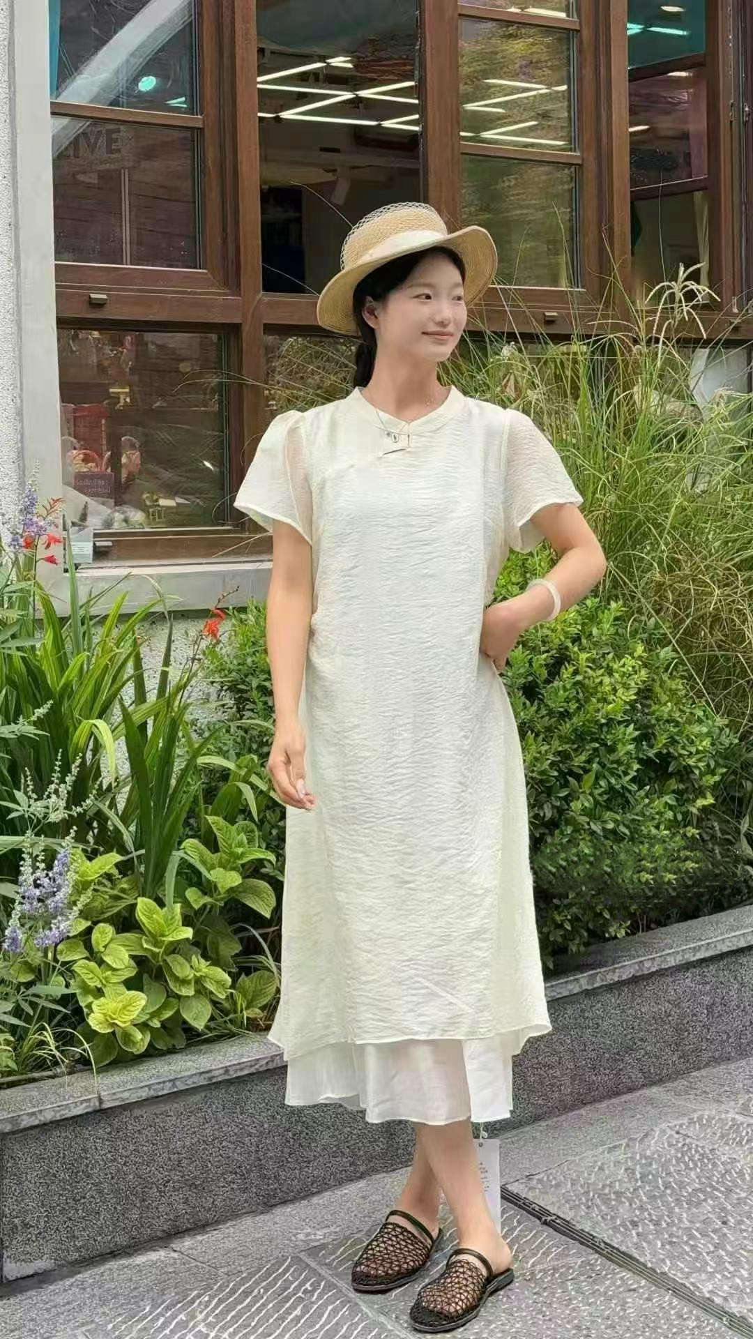 89165-1改良旗袍连衣裙女夏季新款新中式收腰显瘦拼接假两件裙