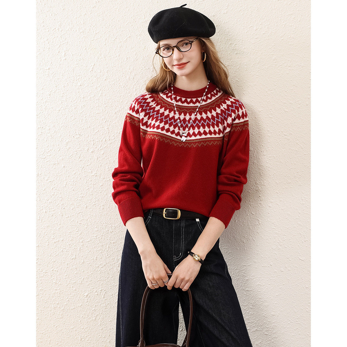 赛兔100%羊毛衫女提花毛衣打底针织羊毛衫女221255057