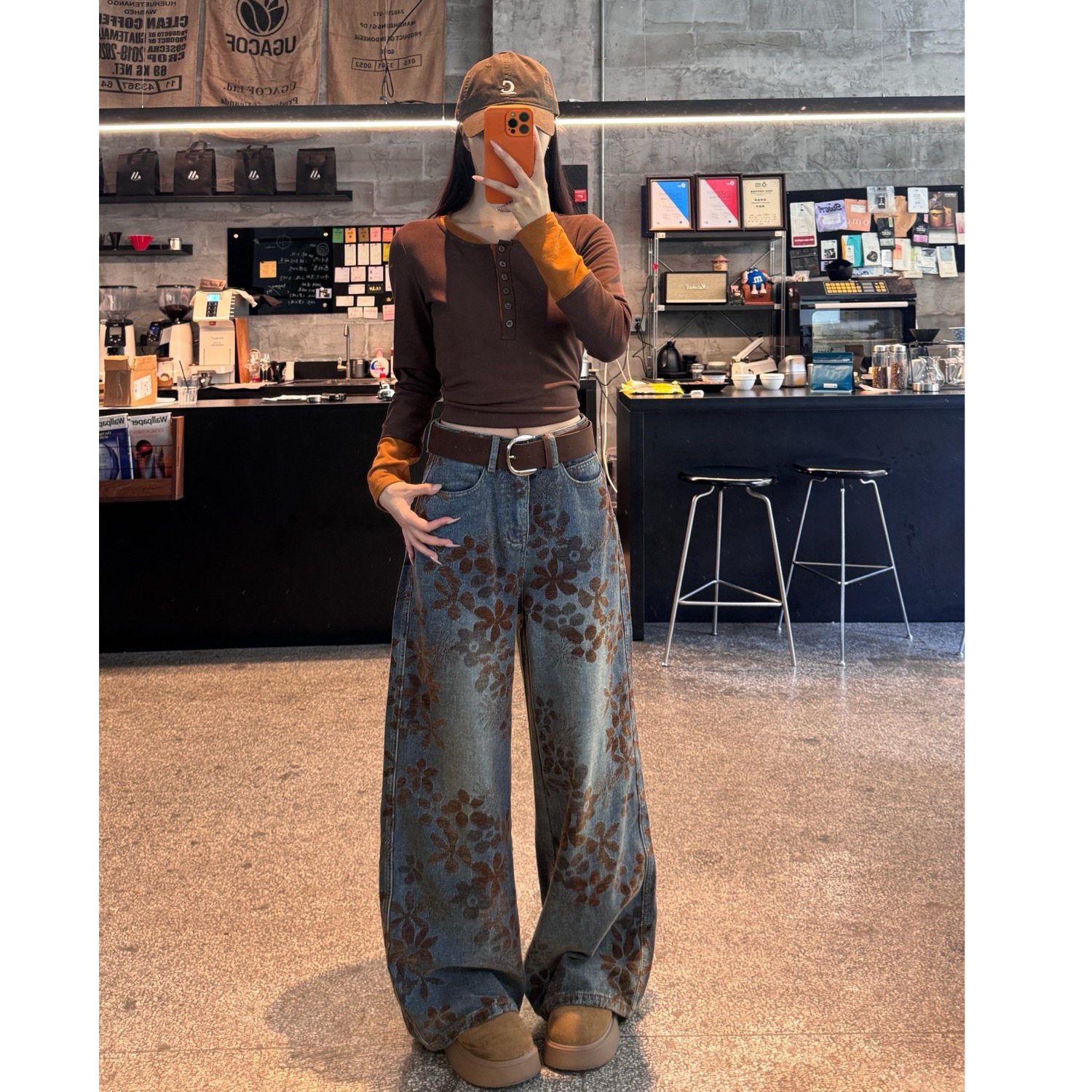 「新中式牛仔」设计感雪尼尔提花加绒加厚拖地牛仔裤