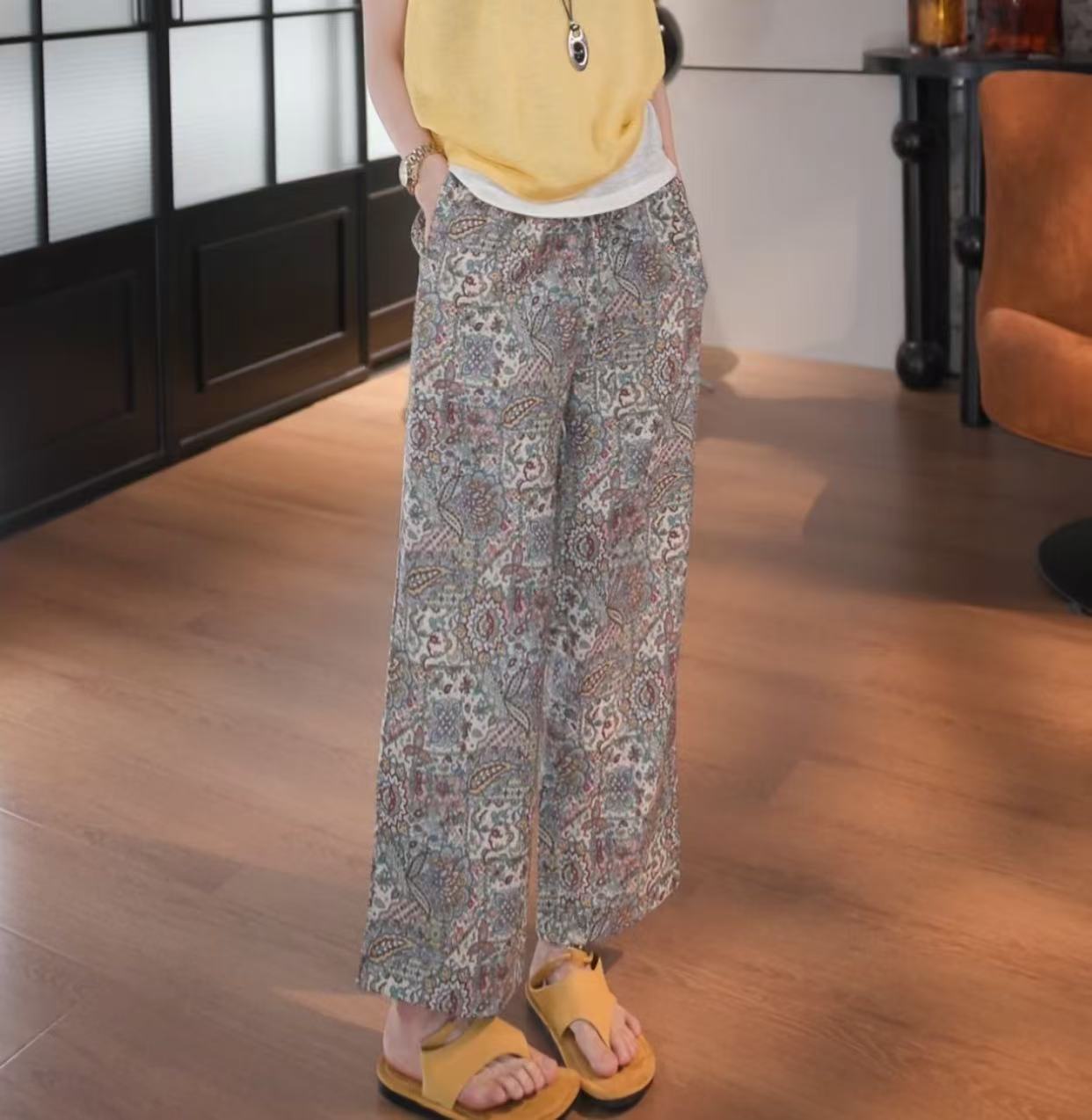 BANINGNA-2025欧货夏季设计款小众洋气复古花色休闲九分裤05553