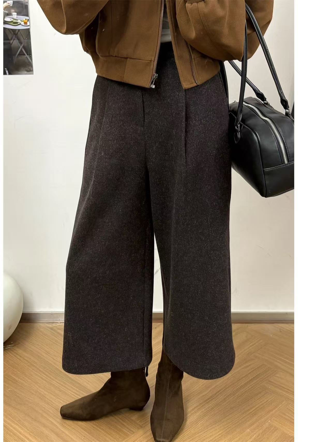 高端毛呢阔腿裤女秋冬季25新高腰宽松显瘦九分直筒裤 纽扣拉链版