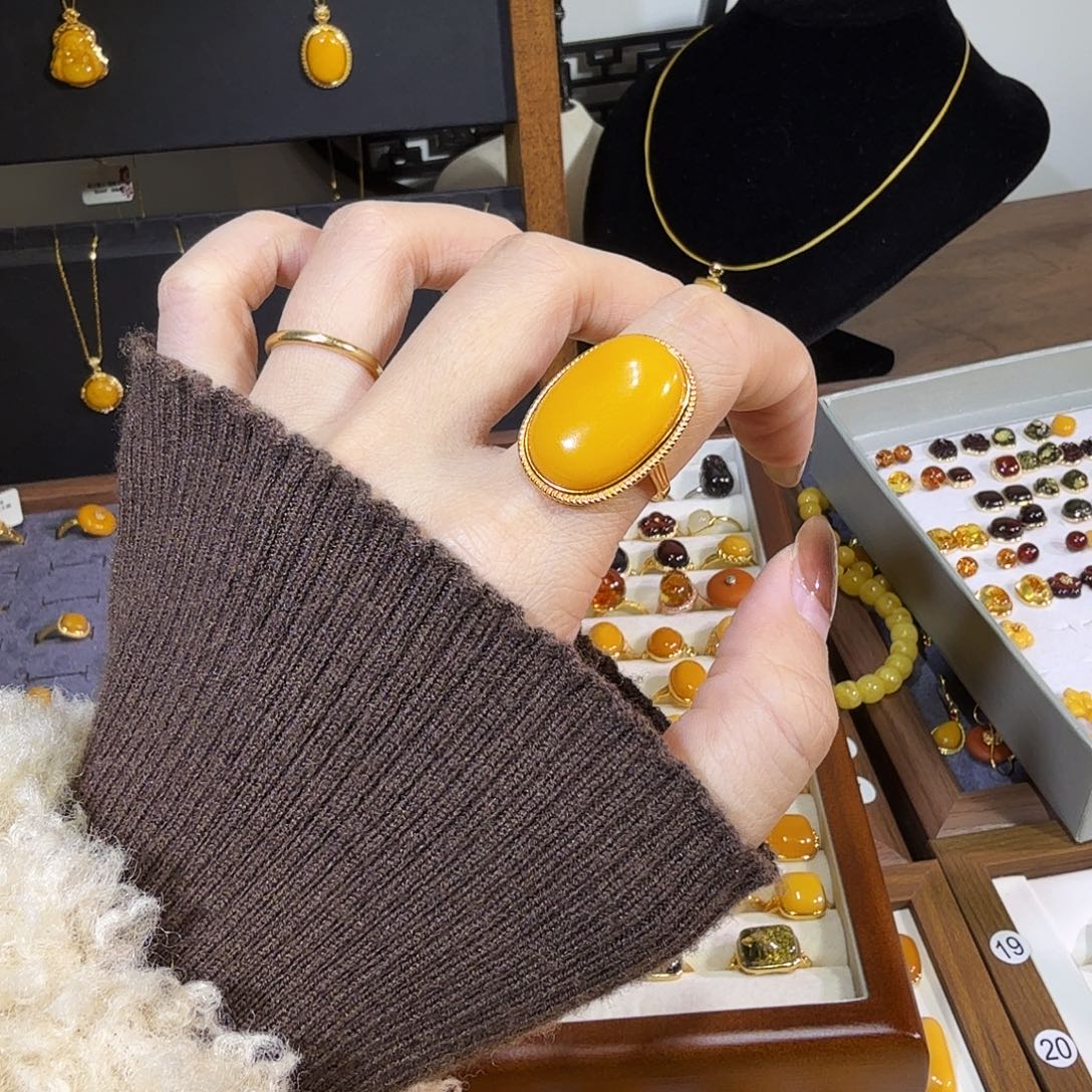 蜜蜡银S925镀金镶嵌戒指