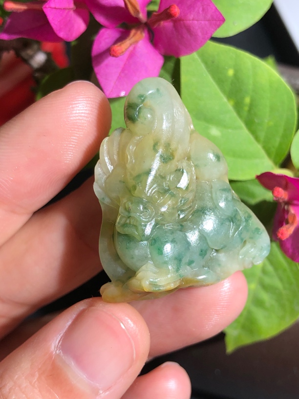 天然缅甸翡翠A货-冰黄飘花麒麟吊坠【毛货定制未抛光无鉴赏期】