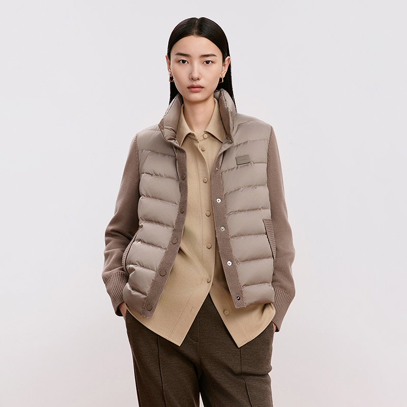 LANCY/朗姿2024冬新款拼接立领短款夹克羽绒服女