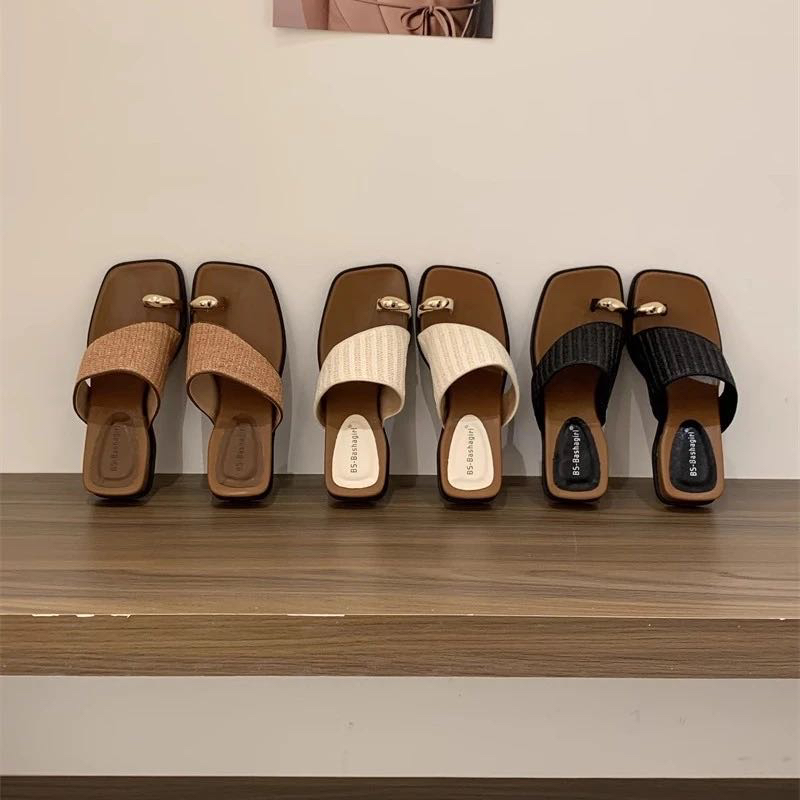 度假风金属夹脚气质方头草编织套趾凉拖鞋女夏外穿2025新款