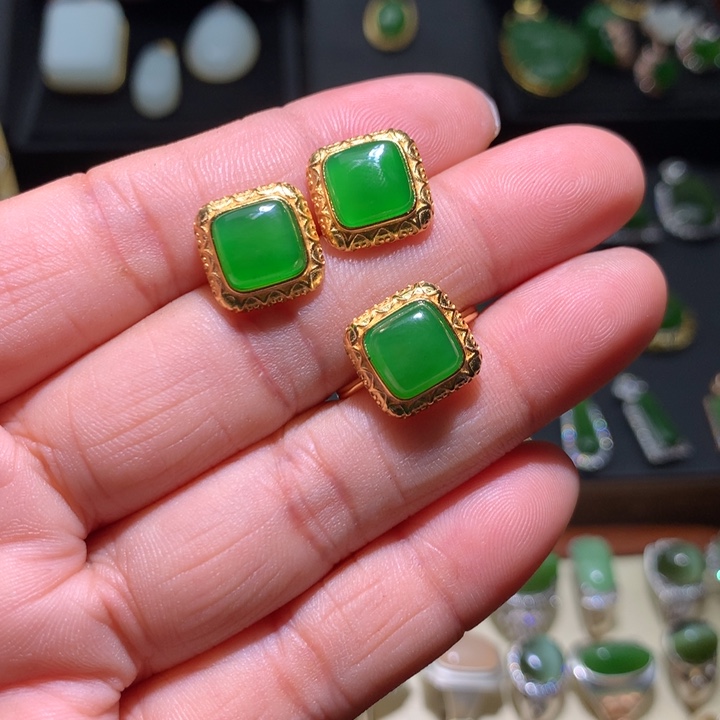 和田玉银S925镶嵌戒指耳钉j****∴