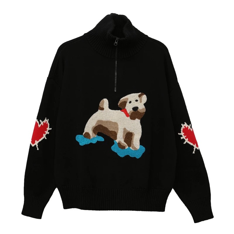 【毛巾绣狗狗】2025冬季新款高领拉链短款针织衫女