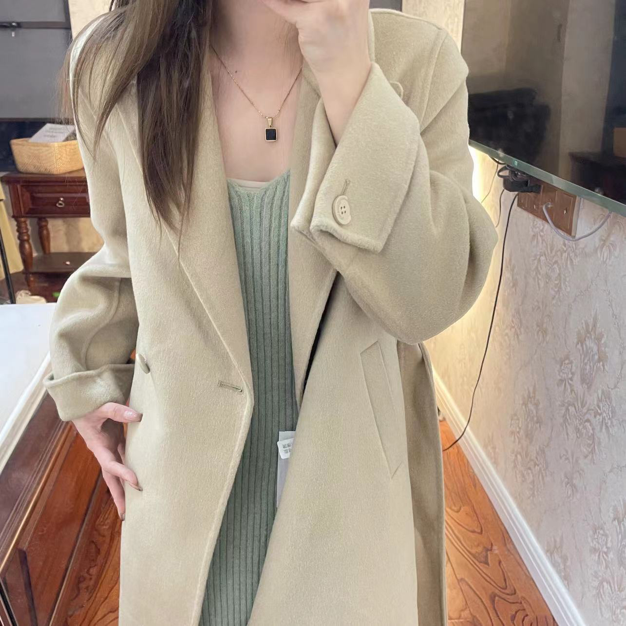 2308秋冬气质休闲中长款纯色设计师韩版冬季双面羊毛大衣