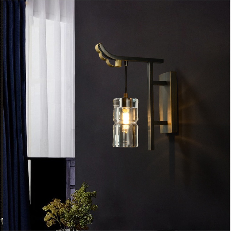 灯佑全铜现代中式壁灯水晶玻璃罩轻奢背景墙装饰灯过道玄关铜壁灯